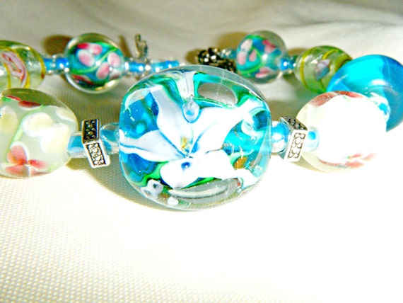 Secret Garden Glass Lampwork Bracelet in cool Blues and Green