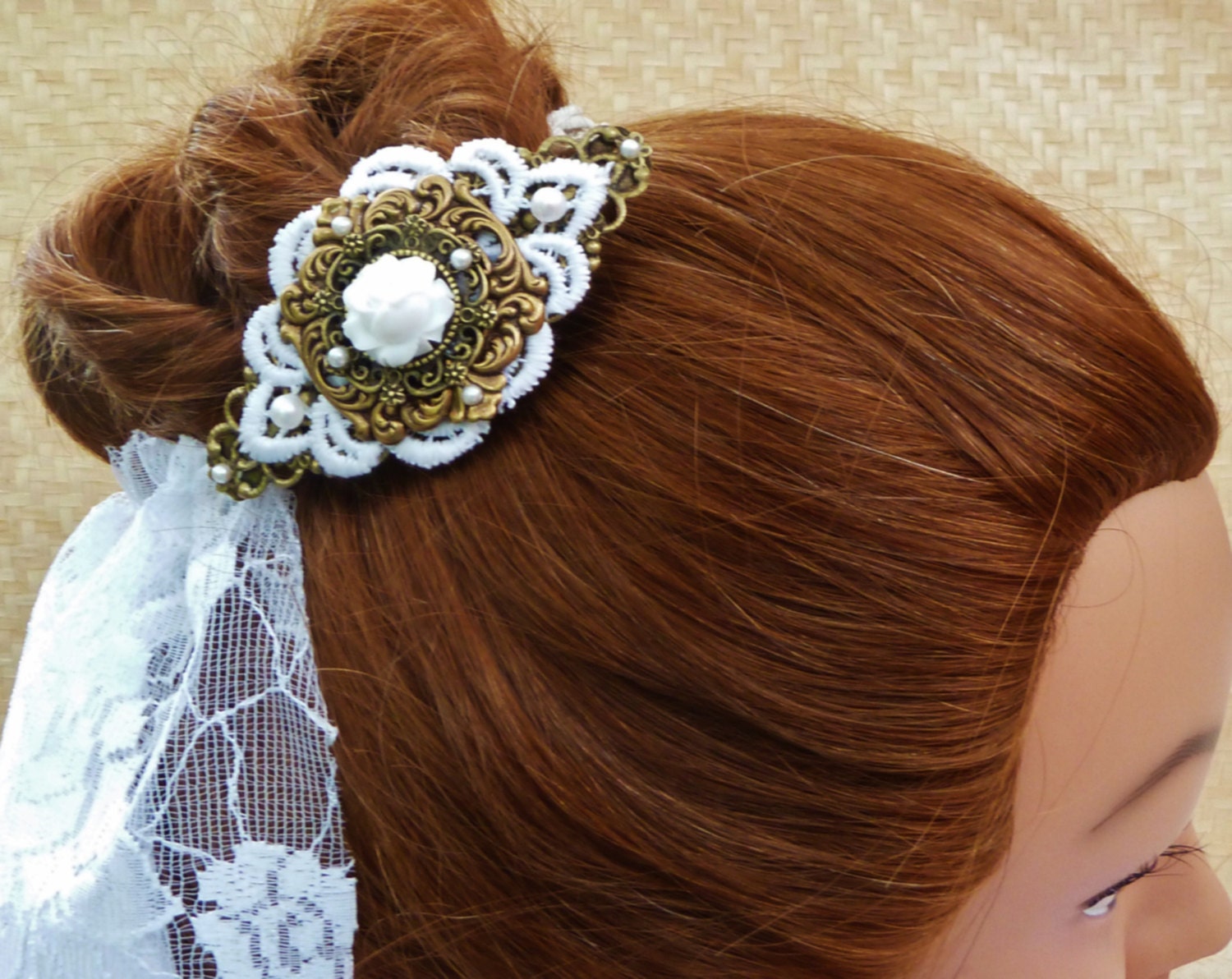 Elegant hair clip with white rose and lace wedding by Schmucktruhe