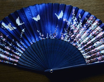 Japanese Hand Fan Hand made Silky fabric Folding Fan (Dark blue), Kimono Sensu, hand fan, folding fan, wedding fan