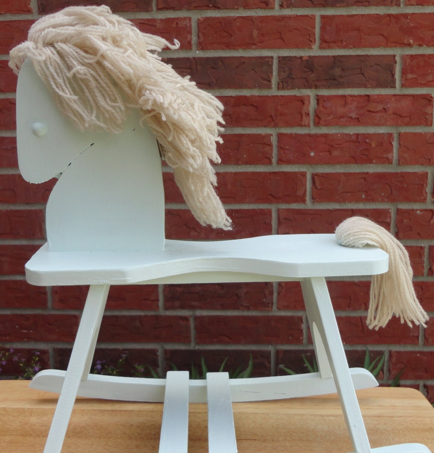 Wood Shabby Rocking Horse With Yarn Mane And Tail