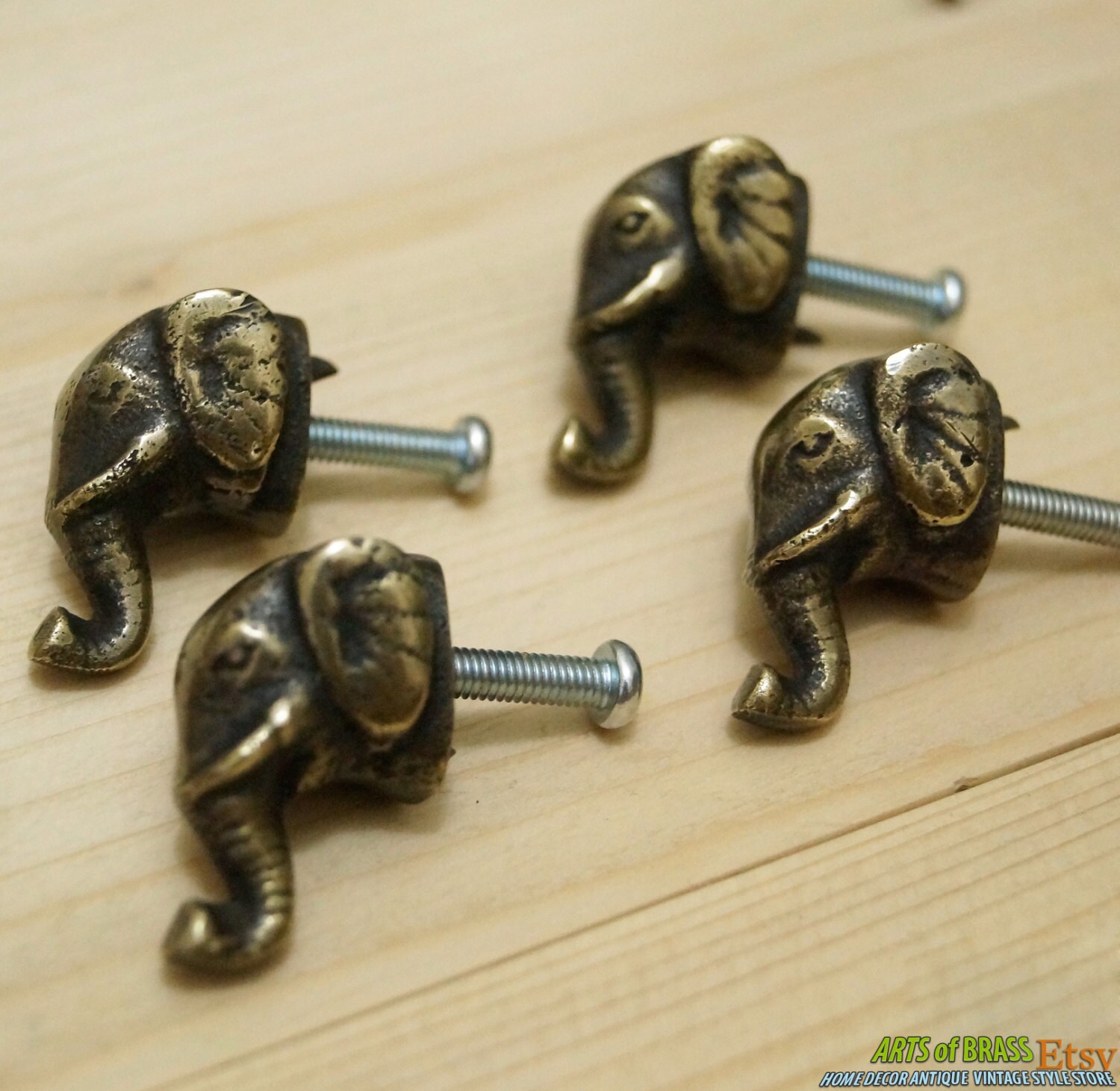 Lot of 4 pcs Vintage BRASS KNOB ELEPHANT Animal Round Antique