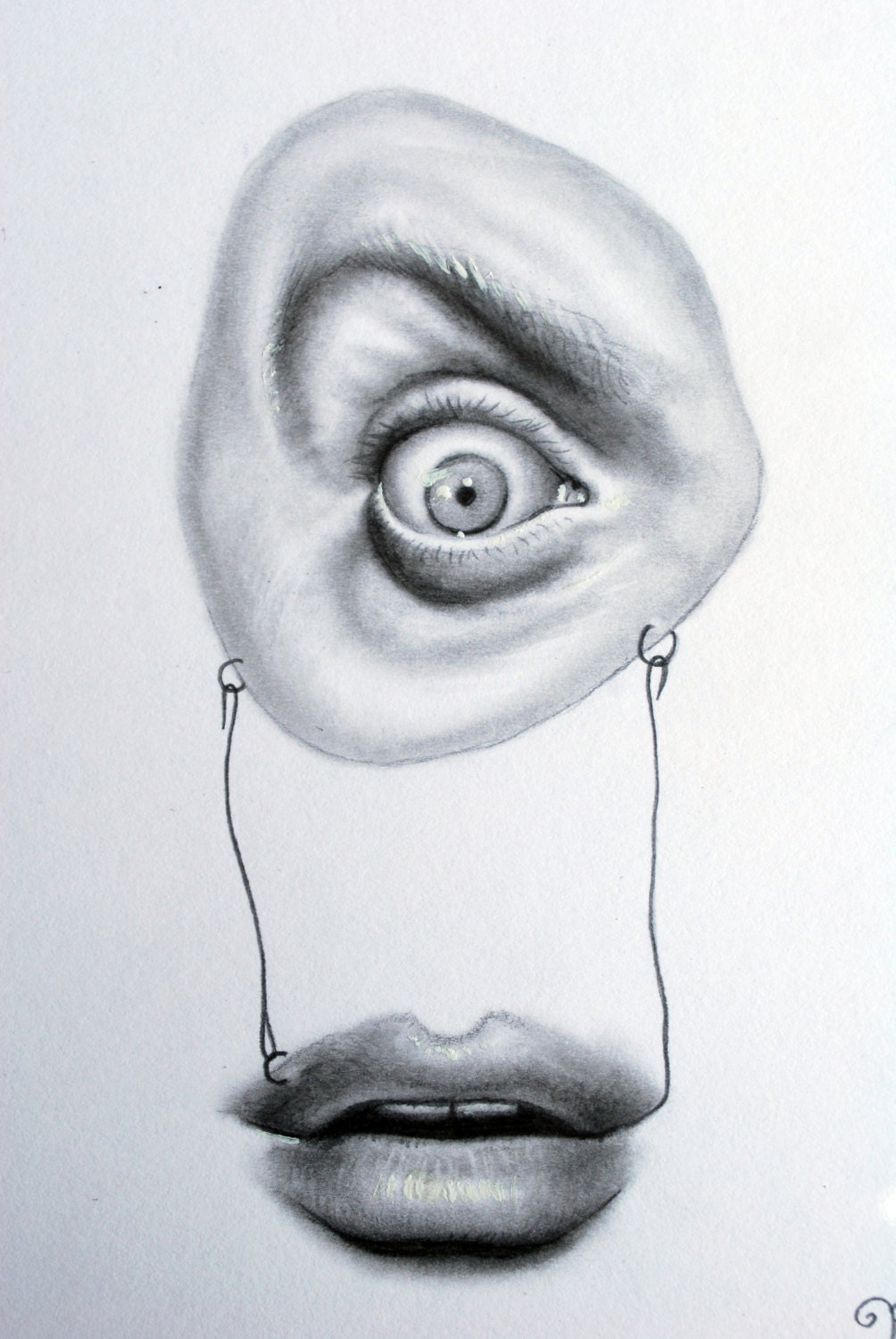 original drawing EyE & MOUTH By Ria small surreal pencil