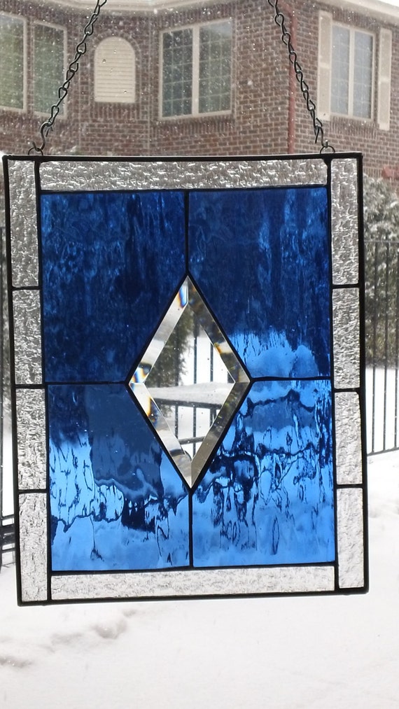 Stained Glass Royal Blue and Clear Panel by ClearlyDeb on Etsy