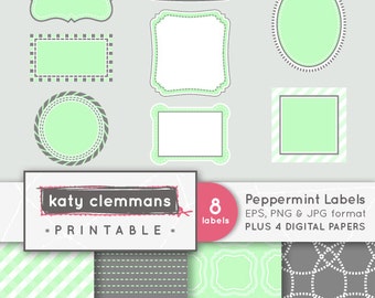 PEPPERMINT LABELS digital clip art with digital paper pack. Printable label images, patterns, scrapbook art - instant download.