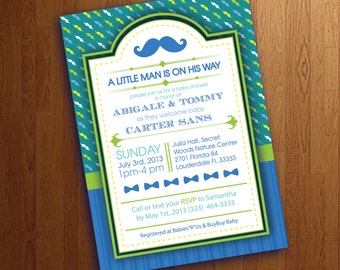 Mustache and Bow tie Baby boy Shower Invitation