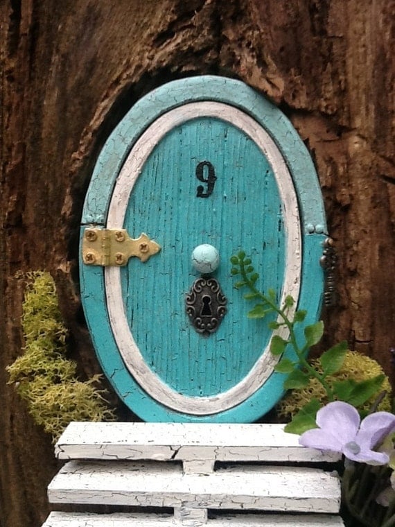 Hinged 5 1/2"  "hobbit-style" Fairy door for the home or garden - Ocean blue