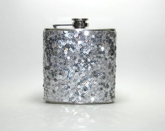 Silver Sequins Sparkly Glitter 6 oz Size Stainless Steel Liquor Hip Flask Flasks Weddings Bridesmaids Gift Idea