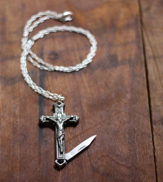 Pocket Knife Necklace Crucifix Cross Silver Religious by contrary