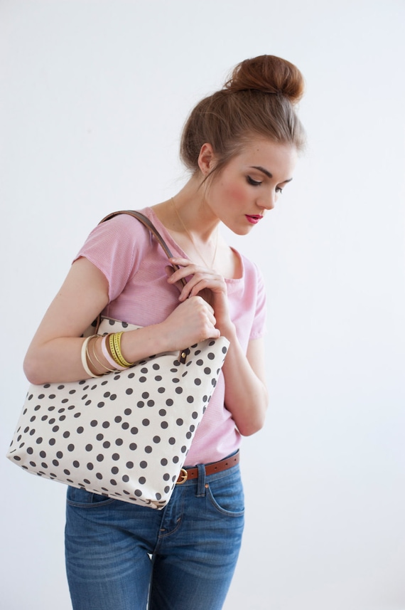 Charcoal Dots Tote Bag, Hand Printed Canvas, Leather Straps