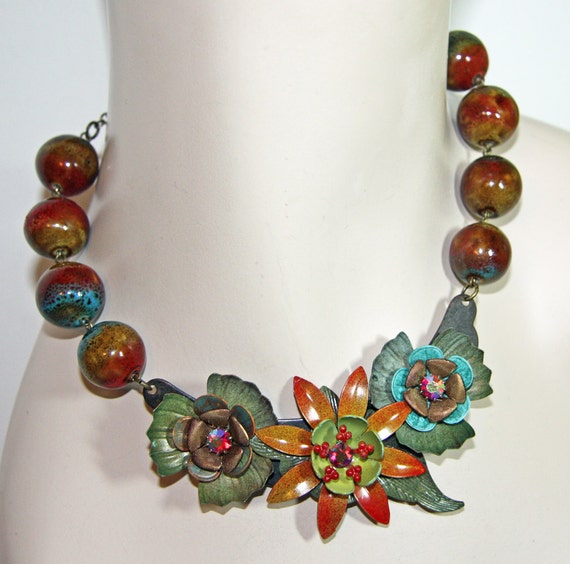 Vintage Enamel Flower Necklace Statement Necklace by JaelDesigns