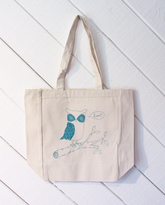 Owl Hoot Canvas Tote Bag Turquoise by courtneyoquist on Etsy