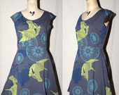 Grey Gray Cotton Jersey Spring Dress with lime green horse head, turquoise compass rose, blue skull xray screenprinted