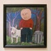 acrylic painting- Garbage Day- a dog- a man- a garbage can- original painting- gallery art- humorous- bull terrier