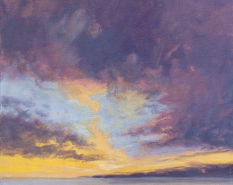Original Landscape Painting on Canvas 8x8 Sky Clouds California Sunset