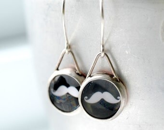 Moustache Earrings, Fun Jewelry, Trendy Jewelry, Silver Earrings, Bezel Earrings, Hipster Earrings, Black and White Earrings, MADE TO ORDER
