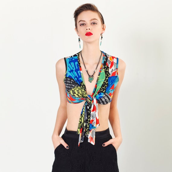 Tie Top Vest - Black Bamboo Jersey or Multicolour Jersey - Size S, M or L