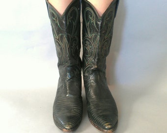 size 9, vintage 1980s Green & Black Snakeskin Cowboy Boots - Dan Post