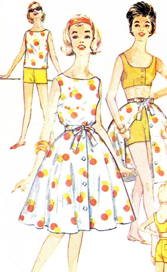 1960s Womens Playsuit Pattern Simplicity 3916 Full Skirt