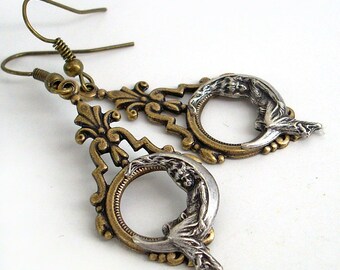 She Hung the Moon Bronze and Silver Dangle Earrings Crescent Moon Jewelry