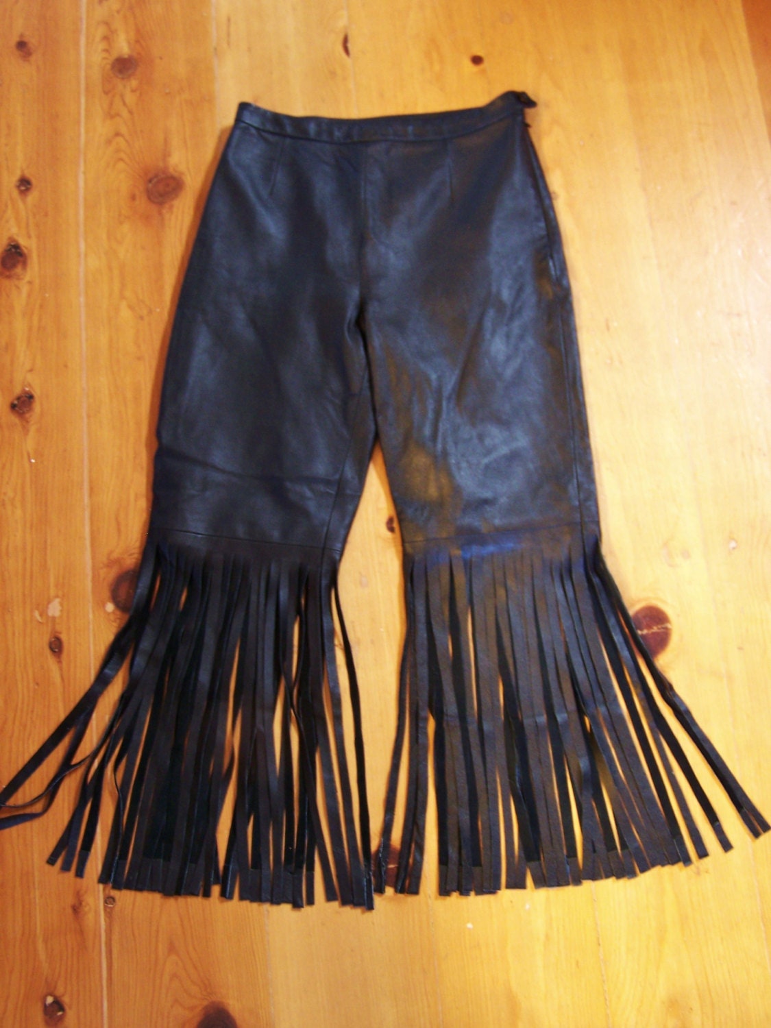 Black Fringe Leather Pants size M / L by GreenMarketVintage