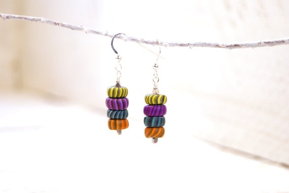 Bright Colorful Modern Art Jewelry Earrings- Polymer Clay Gypsy Trade Beads and Sterling Silver