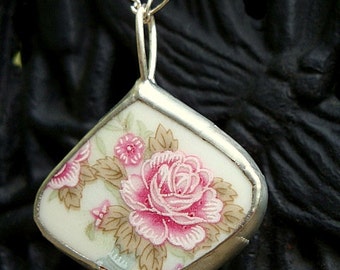 Sale - Pink Rose Broken China Necklace
