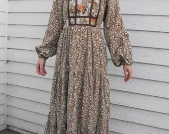 Vintage Prairie Dress 70s Floral Brown Jody T Boho Country Print XS
