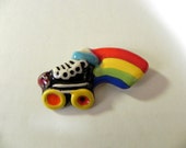 Vintage Ceramic Roller Skate Brooch with Rainbow -on sale