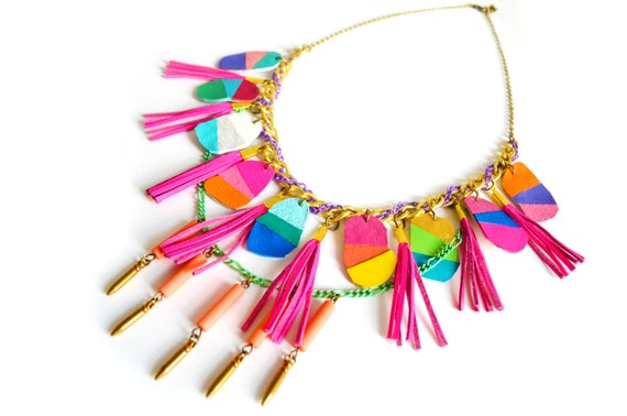 Colored Leather Chunky Charms chunky neon statement necklace geometric color block leather Colored Leather Chunky Charms chunky neon statement necklace geometric color block leather