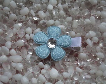 Blue Glitter Flower with Rhinestone Center Hair Clip - No Slip Grip - Baby - Toddler - Girl - Teen - Adult Hair Clip