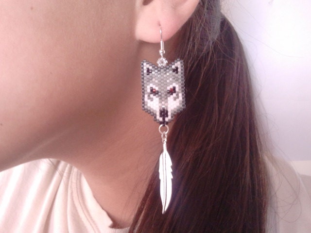 Native American Made Beaded Wolf Earrings