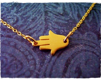 Gold Sideways Hamsa Hand Necklace - Matte 24kt Gold Plate Sideways Hamsa Hand Charm on a Delicate 14kt Gold Filled Cable Chain or Charm Only