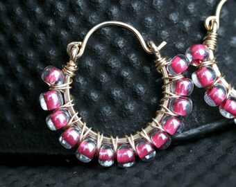 Pink hoop earrings, magenta Czech glass beaded earrings, pink, fushia, wire wrapped hoops, beaded, 14k gold filled, Mimi Michele Jewelry