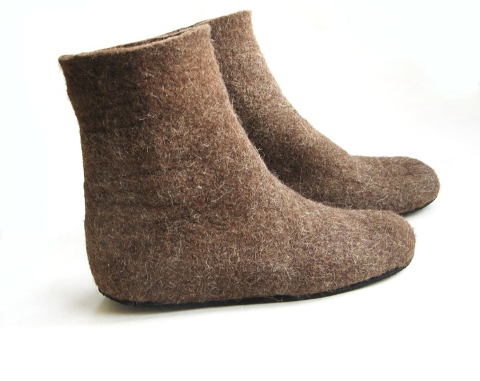 Felted Brown Ankle Boots, Winter Boots, Womens Shoes, Organic Wool Felt Boots, Snow Boots, Womens Slippers, House Shoes 7 Color Rubber Soles