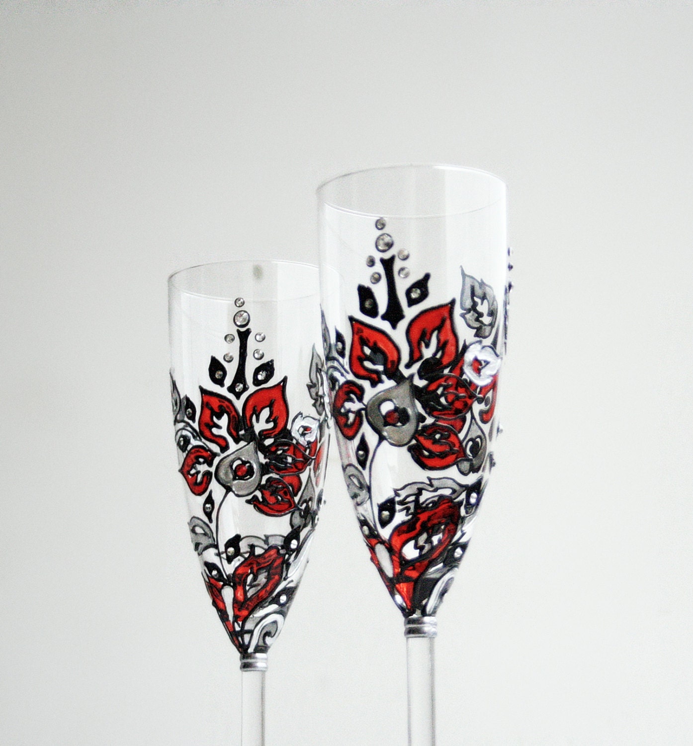 Hand Painted Wedding Champagne Glasses Floral Design Red Black   Il Fullxfull.422768025 F68f 