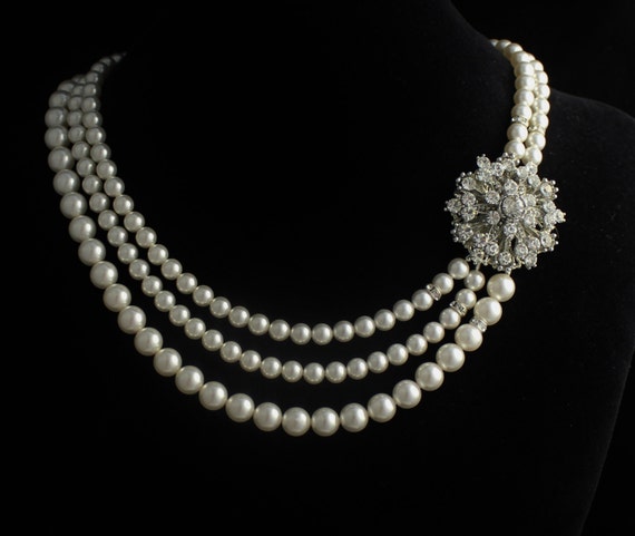 Items similar to Vintage Pearl Bridal Necklace, Multi Strand Pearl ...