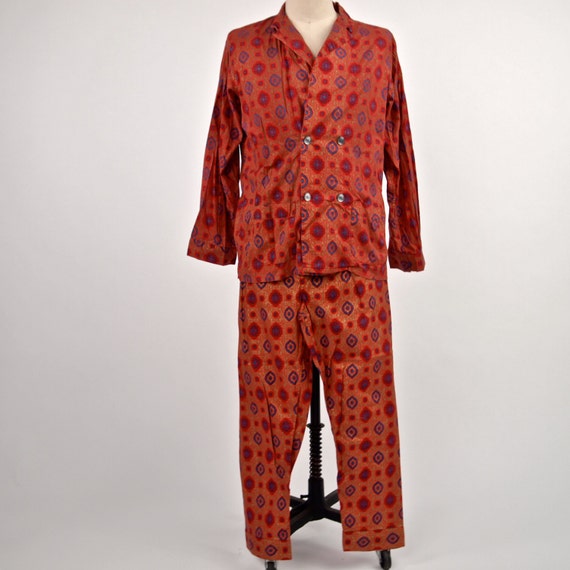 Vintage 60's Men's Pajamas Taj Mahal Indian Red by prettyinprague