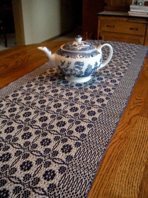 table patterns weaving white Table Overshot  Runner, blue Pattern,  Handwoven  Cobalt and runner