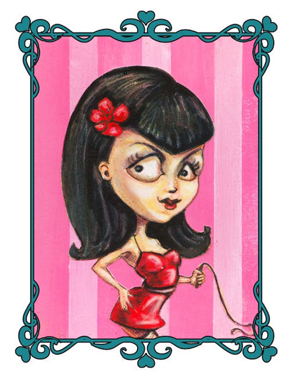 Bettie Page Girl, Pink Pinstripe, Fantasy Art Print