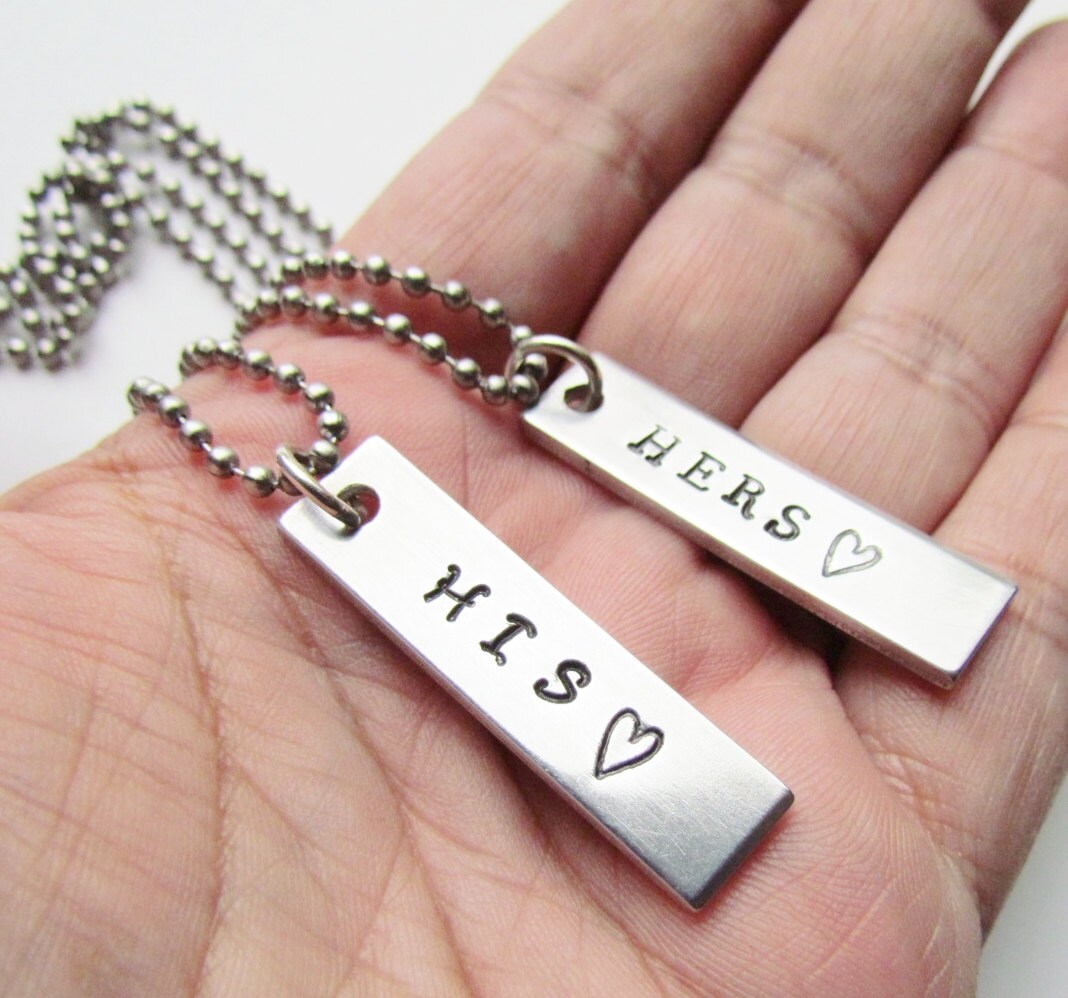 HIS and HERS Necklace Set of 2 Hand Stamped Aluminum Tag