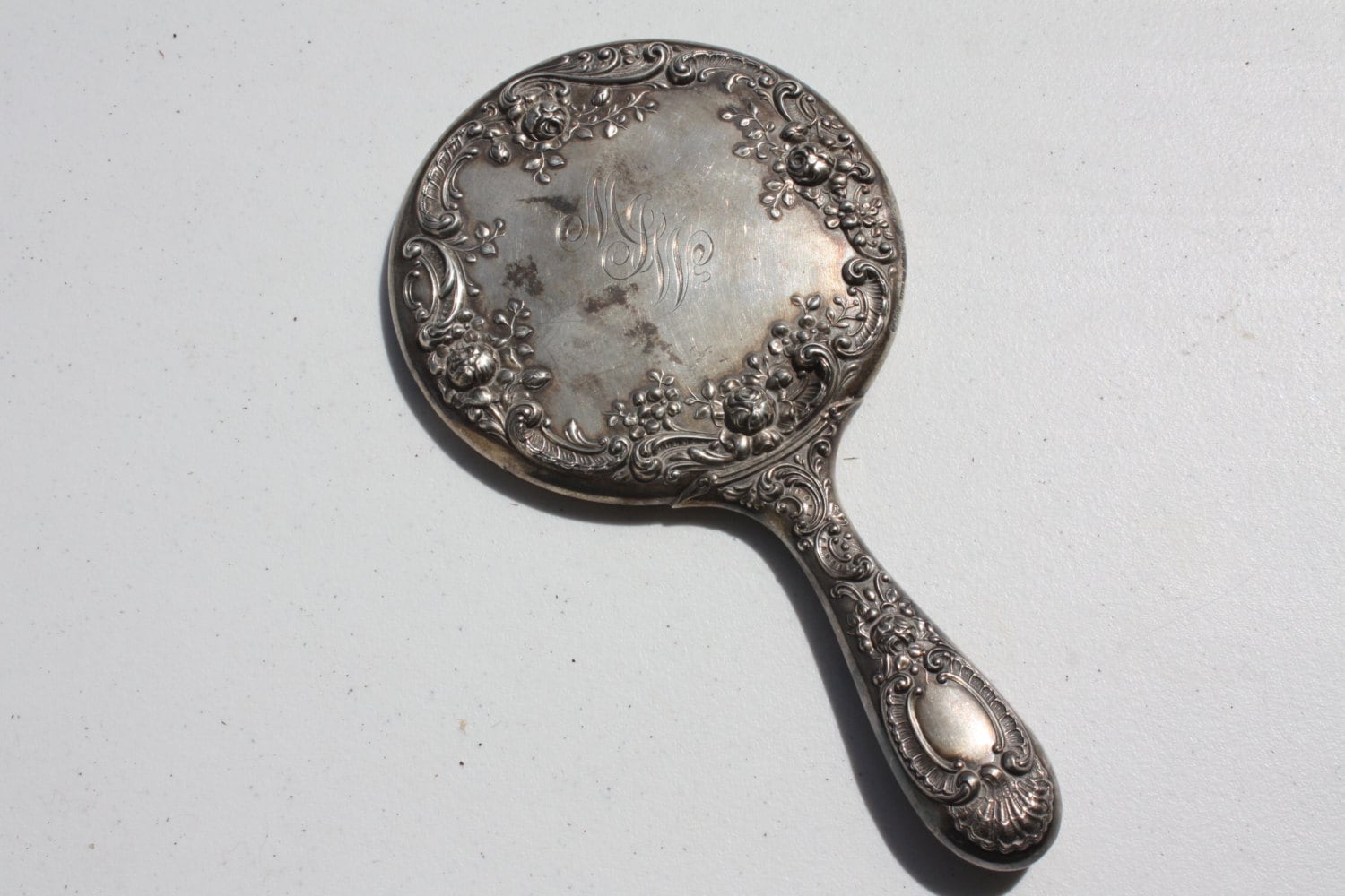 Antique Sterling Silver Gorham Hand Mirror Floral Repousse
