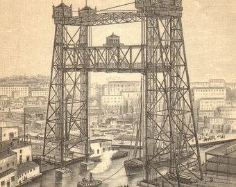 1895 Original Antique Engraving of Bridges, Bridge Grunenthal, Levensau High Bridge, Vizcaya Bridge, Halsted Lift Bridge, Tower Bridge