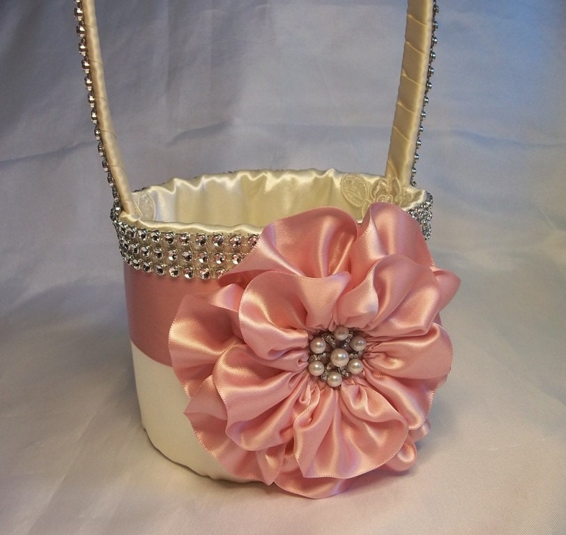 Rose Petal Pink Ivory Flower Girl Basket Rose Petal Pink