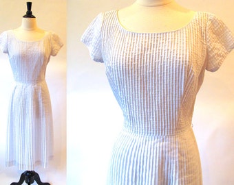 Vintage 50s Cotton Dress, Pale Blue Dress, 1950 Summer Dress, Cotton Sheath Dress