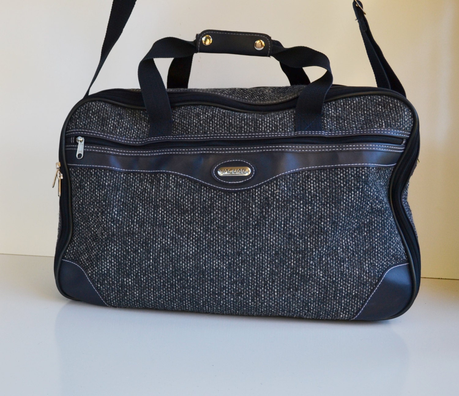 Vintage Jaguar Blue Tweed Bag Overnight Weekender Bag Jaguar