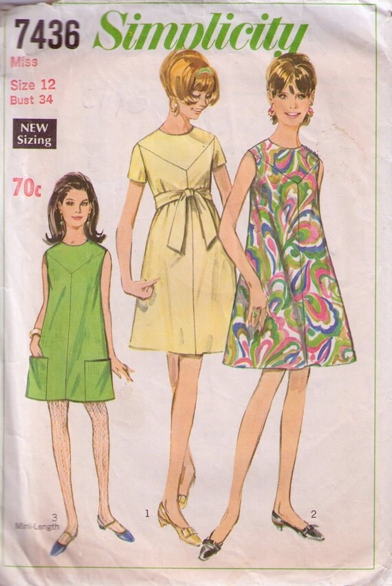 Simplicity 7436 Vintage Paper Pattern 1960s 1967 Tent dress