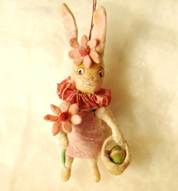 Easter Bunny Spun Cotton Ornament Ooak Vintage Craft With 