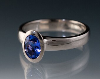 Oval Chatham Blue Sapphire Bezel Solitaire Engagement Ring in Palladium, Lab Created Sapphire Ring
