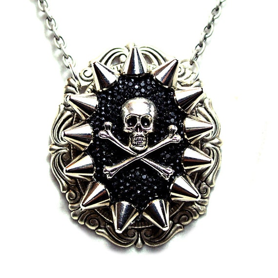 Spiked Rhinestone Skull and Crossbones Pendant - Free US Shippng