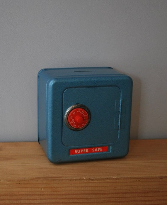 vintage toy safe money box blue metal Super Safe